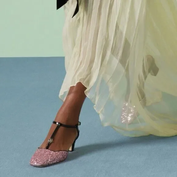 GUCCI Pink Glitter T-Strap Embellished Size 37.5 US 7.5 Leather GG Marmont - Picture 3 of 14